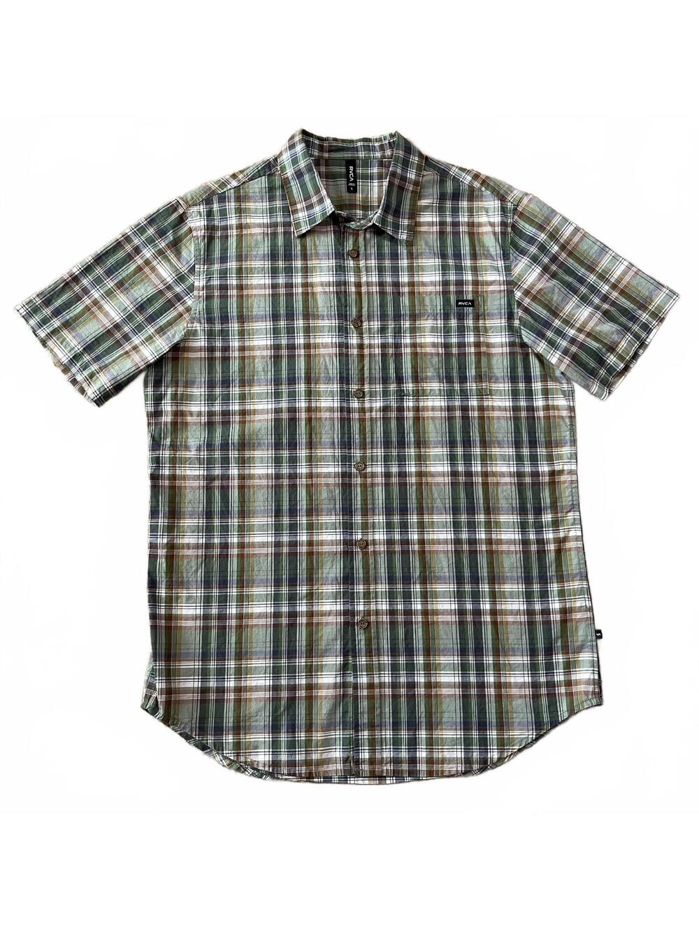 RVCA Mens Short Sleeve Button Down Shirt Green Plaid Size Large (missing button)